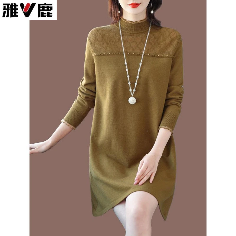 雅鹿今年流行的蕾丝领毛衣裙女中长款时尚针织连衣裙2025年新款羊