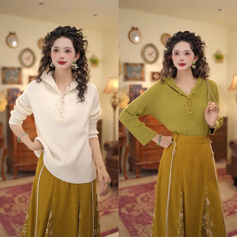 扣子家【线条画笔】港风复古秋冬连帽毛针织衫蕾丝拼接KM2477329