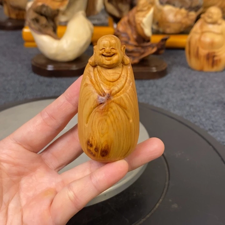 柏木太行崖柏弥勒佛手把件小摆件