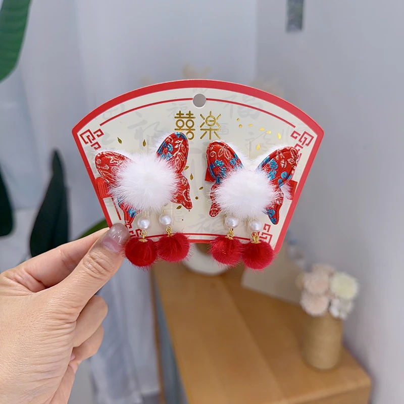 115新年发饰女童过年发夹2024龙年头饰儿童古风流苏假发红色女孩