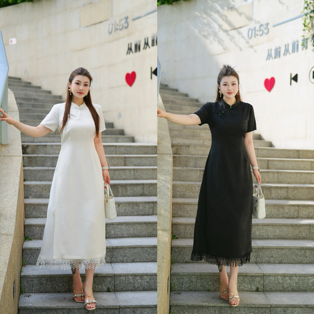XYD71545新中式国风旗袍立领盘扣蕾丝提花气质薄款大码女装连衣裙