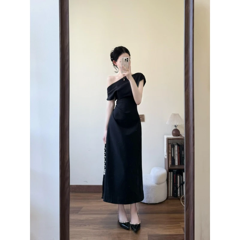 INS CEC新款开春韩系穿搭斜肩连衣裙子女春夏季气质修身包臀长裙