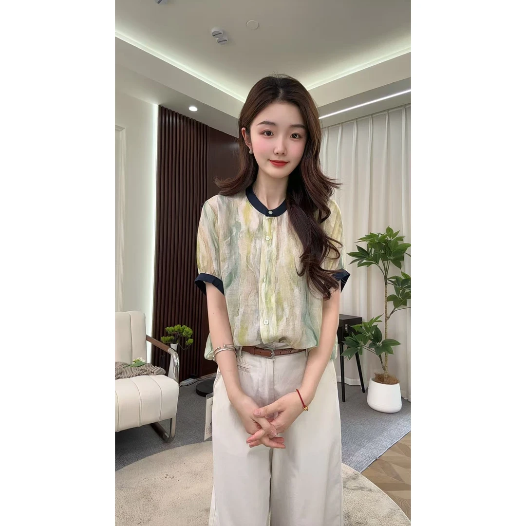 505245 2025新款渐变晕染撞色圆领中袖小衫