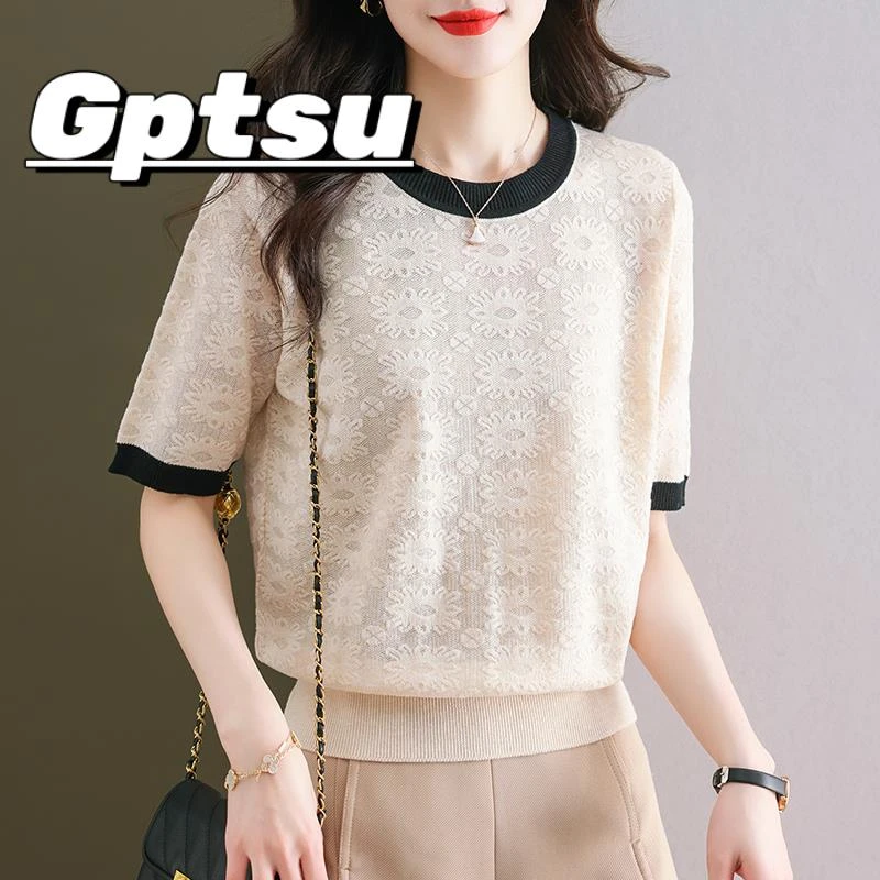 GPTSu妈妈夏装短袖恤冰丝中年女针织小衫提花中老年女薄上衣套装