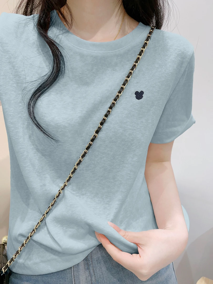 2025夏季新款雪花棉短袖t恤千金清冷感贵系衣服浅蓝色显瘦上衣潮