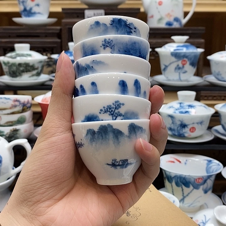 手绘烟雨江南6个水乡杯子60cc不同图案釉下彩微瑕福利款