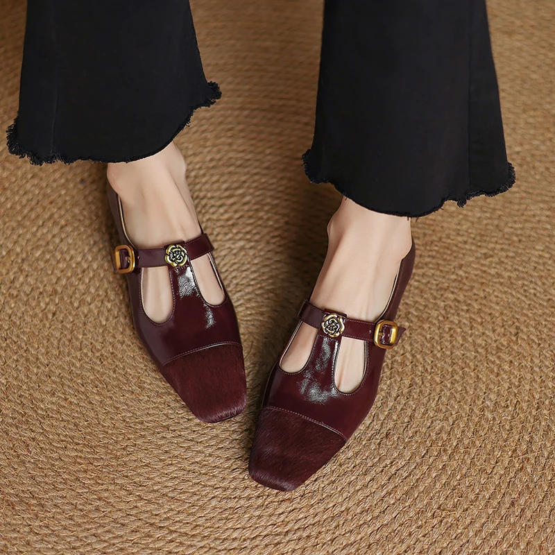 【NICESEE】3cm,春季复古酒红色低跟不掉跟真皮单鞋女法式方头鞋