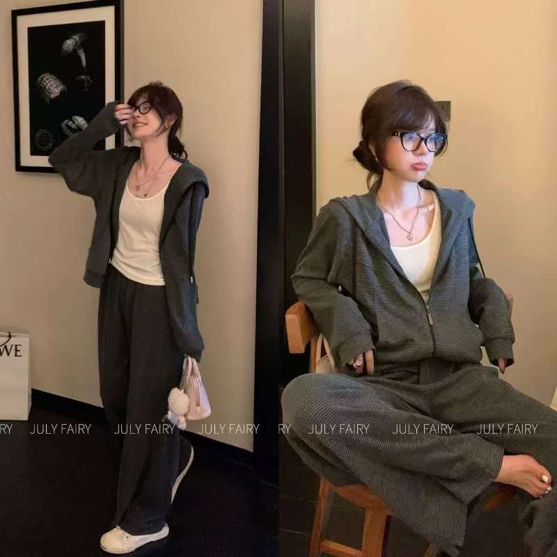 针织条纹松弛感套装 开衫卫衣搭配阔腿休闲裤