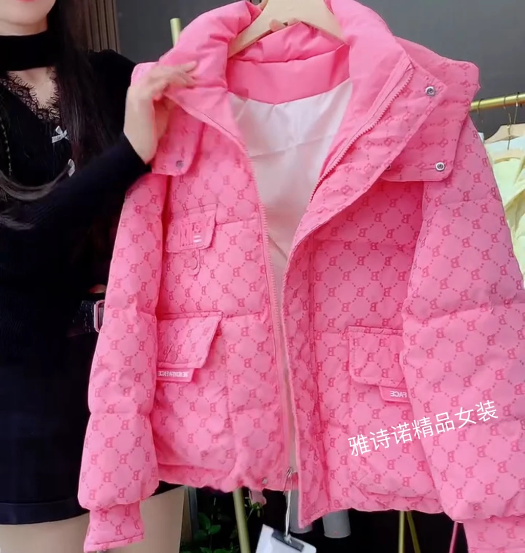 欧韩气质字母高档免洗棉服女冬季流行格纹宽松显瘦加厚连帽外套潮