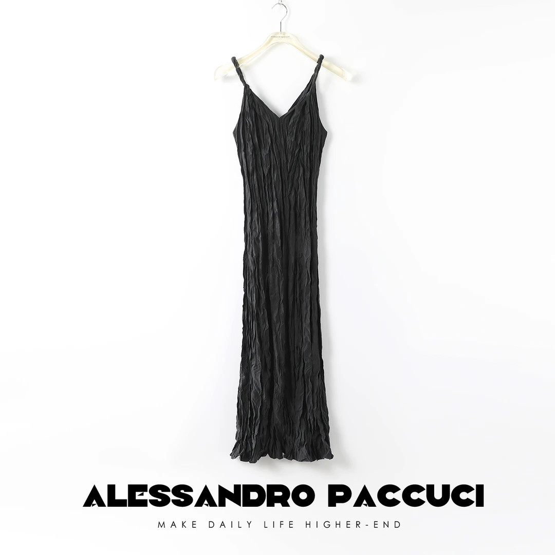 【孤品特价不退换】洛哥21489X 桑蚕丝V领手工压褶长裙吊带裙 夏季