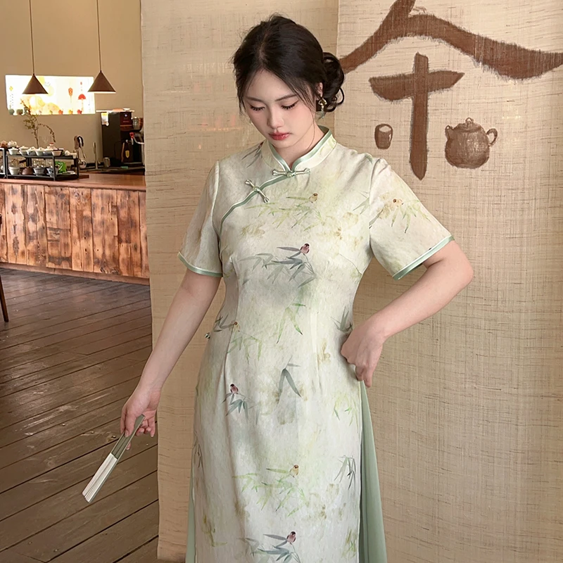桂枝【自制款】假两件绿色小清新年轻款大码胖mm新中式改良旗袍夏