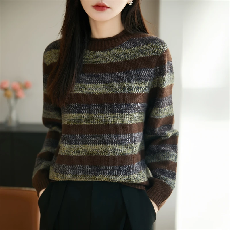 【现货宠粉】新款长袖针织衫女圆领套头撞色条纹打底内搭时尚毛衣厚
