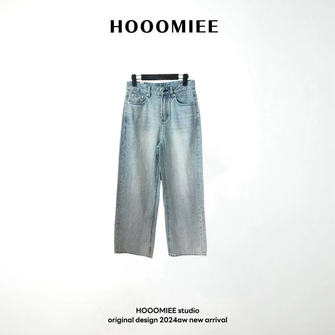 Hooomiee潮流星钻牛仔裤浅色直通百搭时尚长裤Z5323