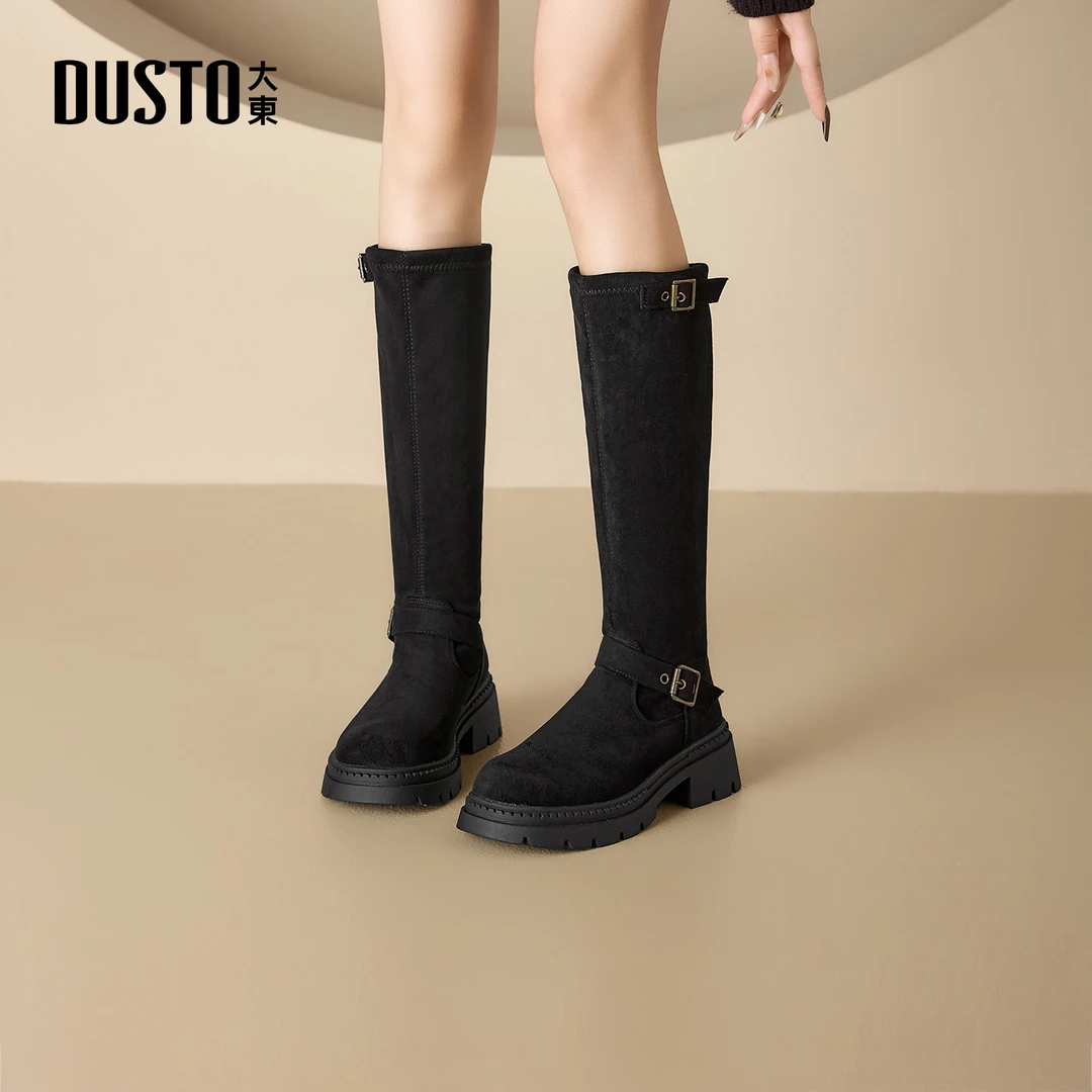 大东女鞋绒面长筒靴2025秋冬新款加绒保暖皮带扣厚底时装靴0127