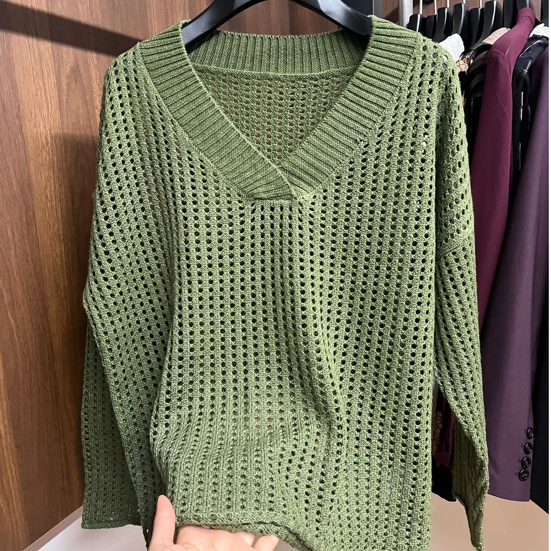 葭恩羊毛镂空渔网衫宽松套头针织毛衣0730