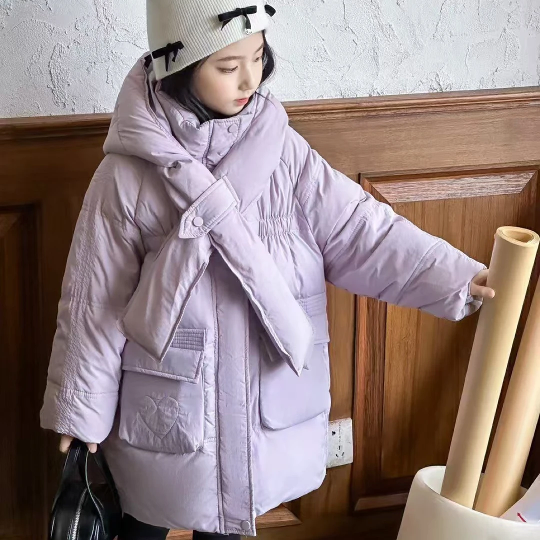 女童冬季中长款纯色围巾款洋气加厚秋冬衣绒服