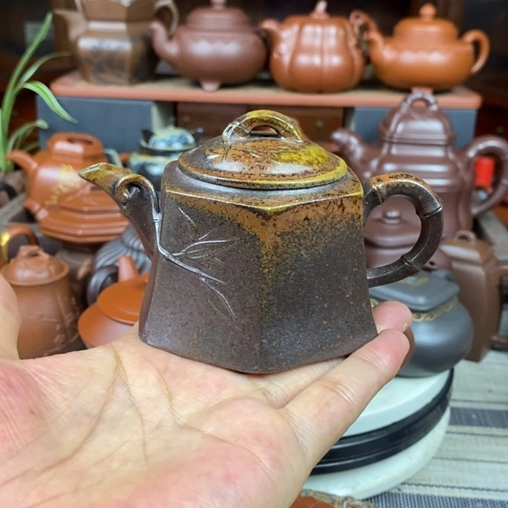 茶壶紫砂六方竹节200cc原矿老紫泥柴烧
