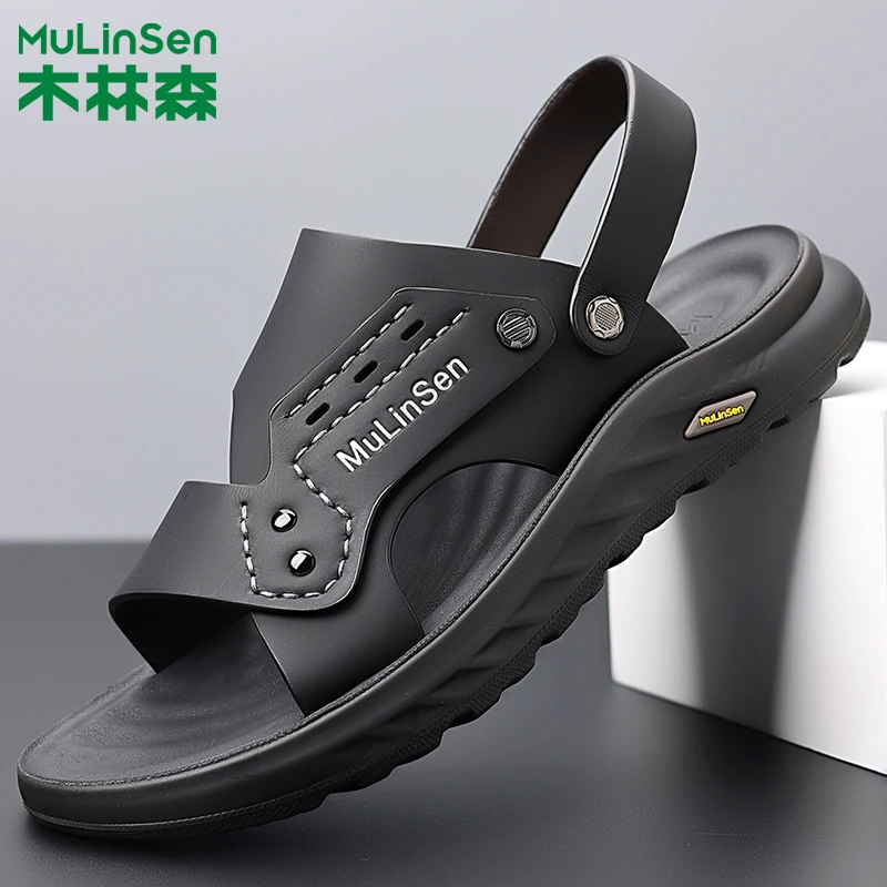 木林森凉鞋男士夏季新款真皮休闲沙滩鞋男款外穿软底防滑防臭拖鞋
