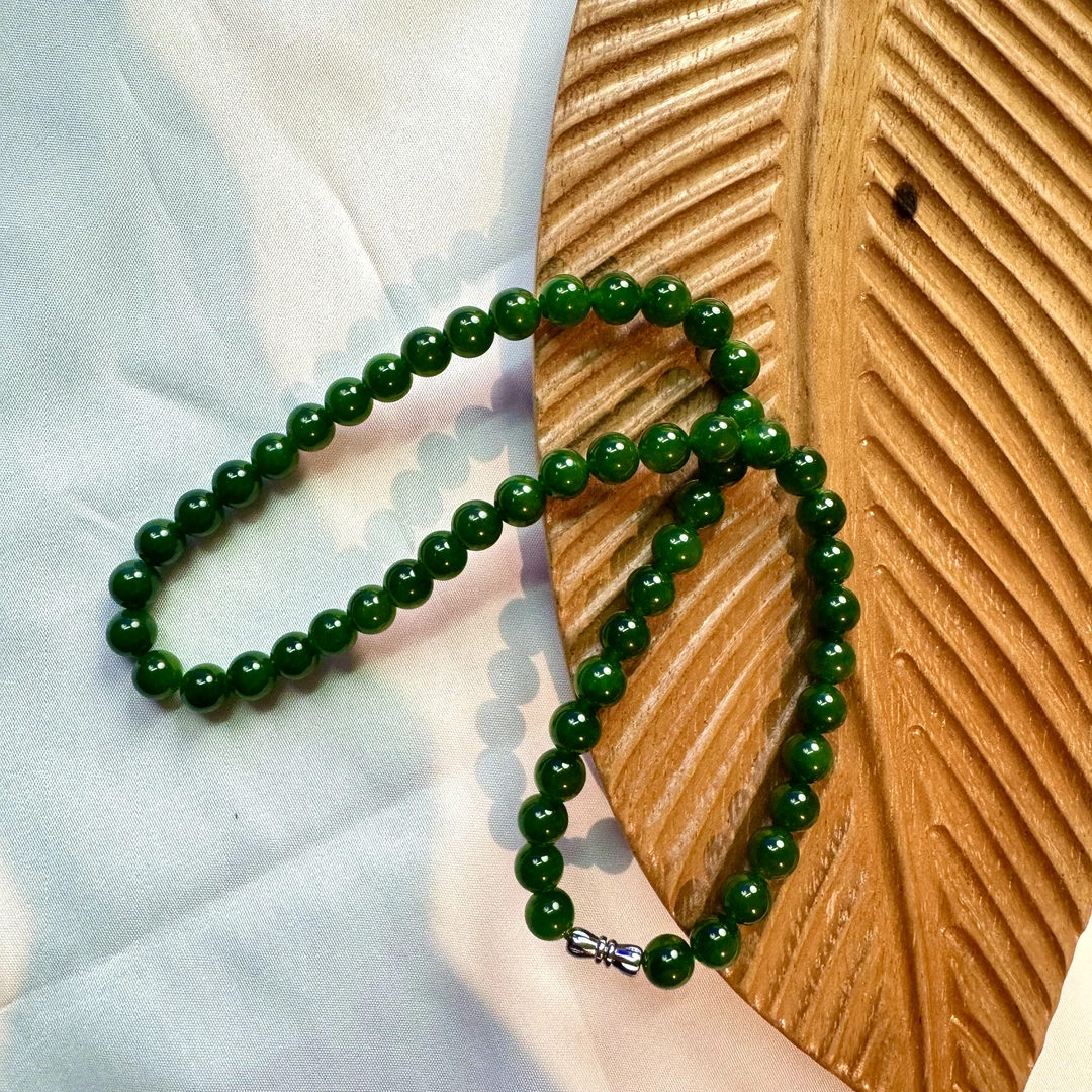 【小雅碧玉】和田玉碧玉8mm项链无黑点菠菜绿妈妈链-多样性发其一