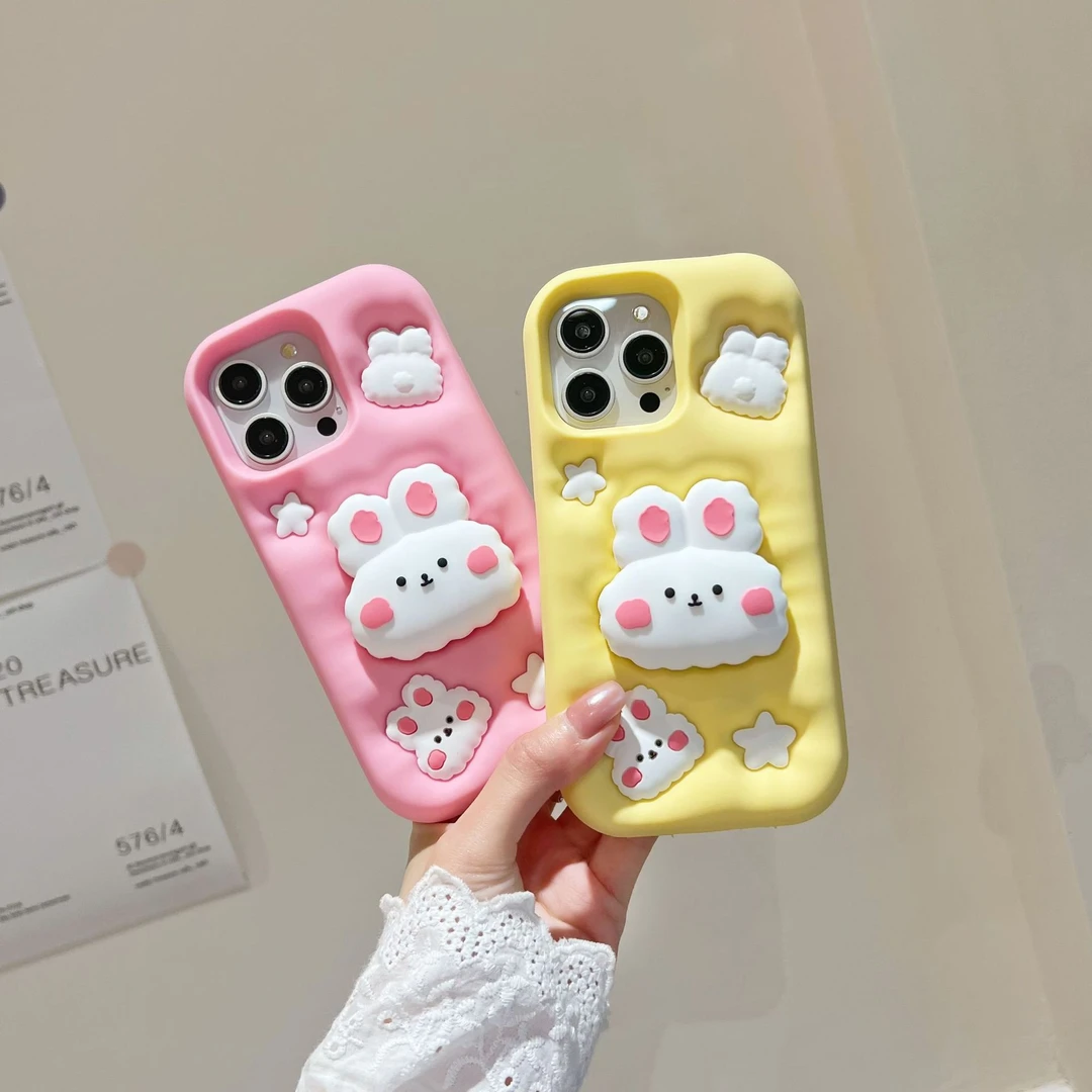 卡通可爱棉花兔子支架iPhone16苹果15适用13/14pro max手机壳套11