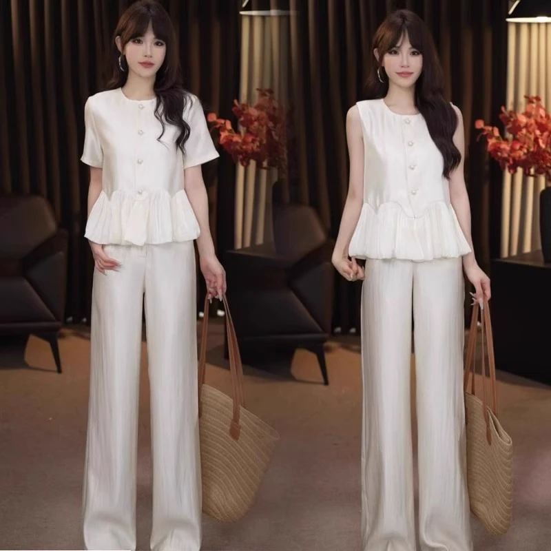 拉夏贝尔时尚气质套装女2025夏季新款显瘦短袖上衣阔腿裤两件套潮