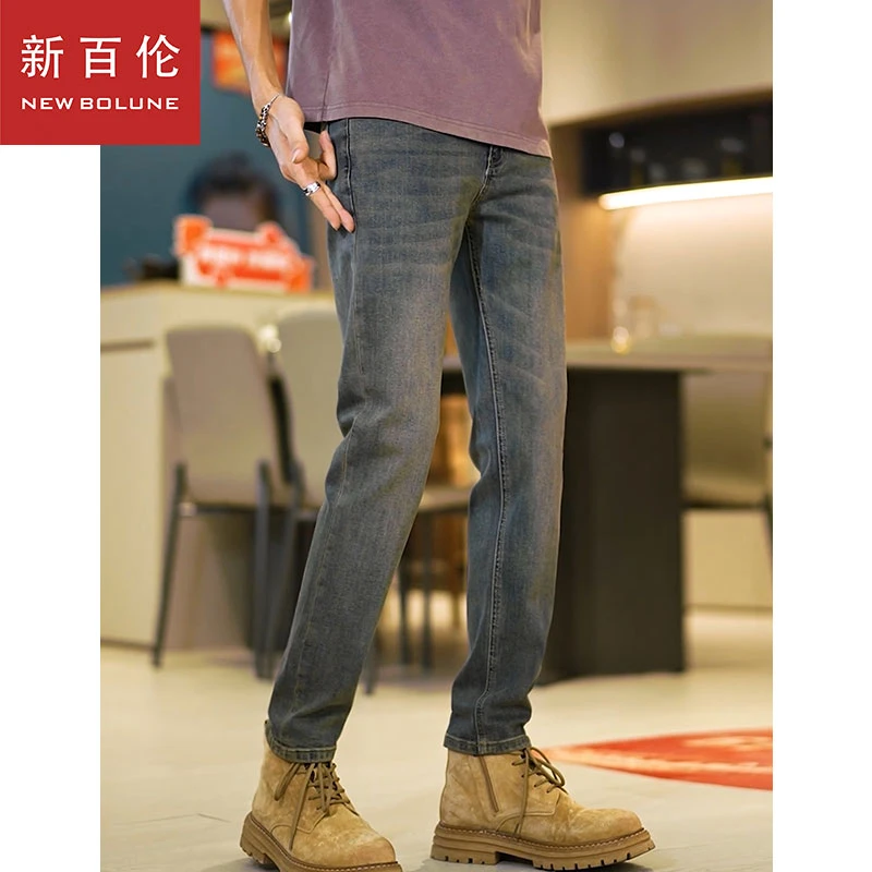 新百伦秋冬男款牛仔裤修身小直筒弹力百搭2025新款长裤九分裤子男