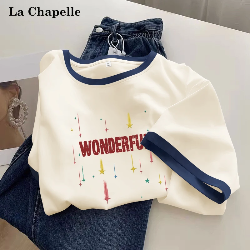 拉夏贝尔撞色纯棉短袖t恤女装夏季2025新款美式高街上衣宽松体恤X