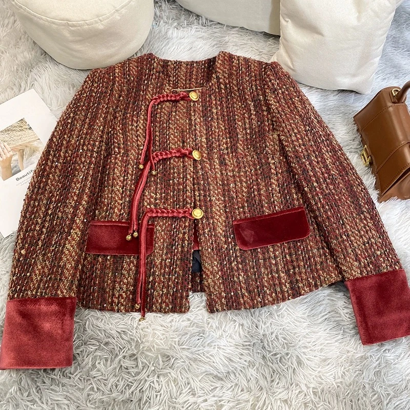 【朱砂痣】冬季新款保暖加厚气质国风红色小香风外套K809