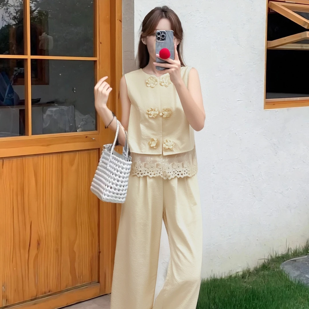 C【两件套】新中式国风无袖马甲蕾丝拼接上衣高腰直筒长裤套装D2414