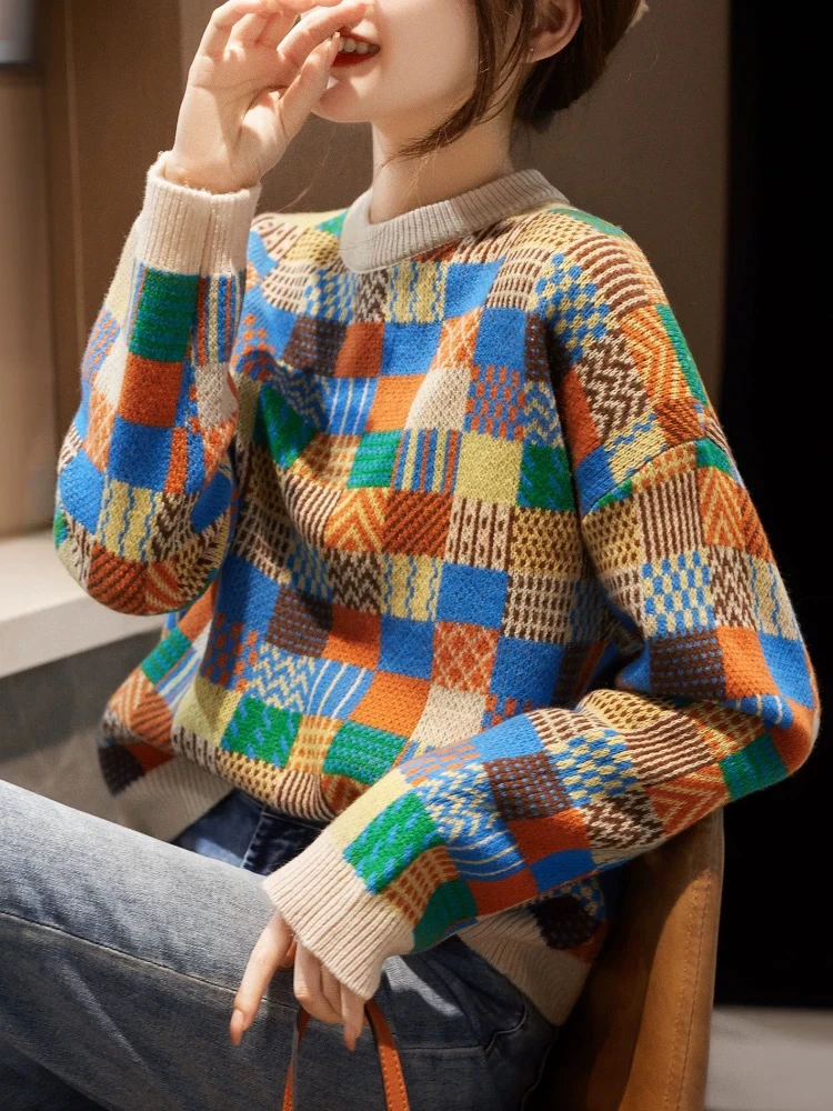 9044重工棋盘格减龄彩色洋气圆领针织衫