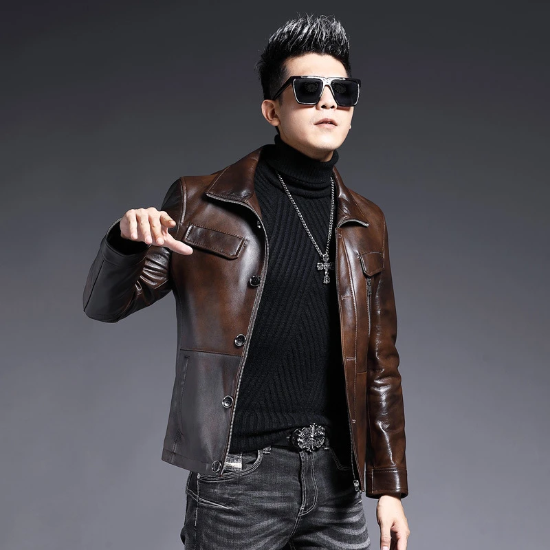 海宁真皮皮衣皮尔卡旦男士翻领绵羊皮休闲夹克帅气单排扣气质男装