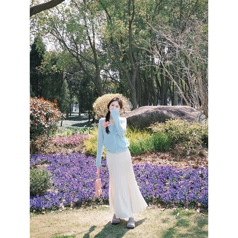 温柔软糯小个子修身长袖针织开衫上衣秋季高腰显瘦褶皱A字半身裙