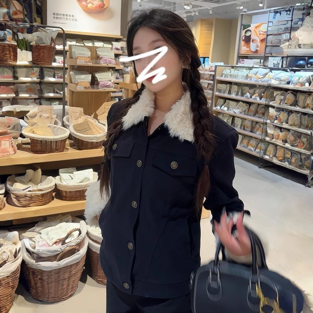 蓝色翻领独特超好看棉服外套2025年新款爆款修身短款加厚夹棉上衣