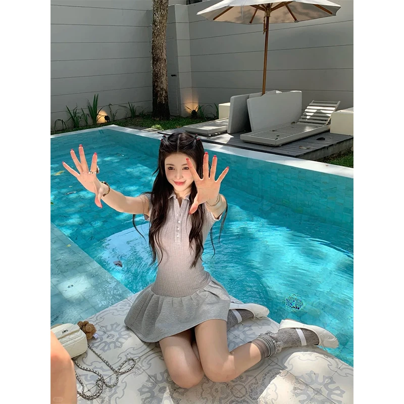 2025夏季新款时尚韩系洋气设计感修身显瘦拼接短袖针织衫连衣裙女