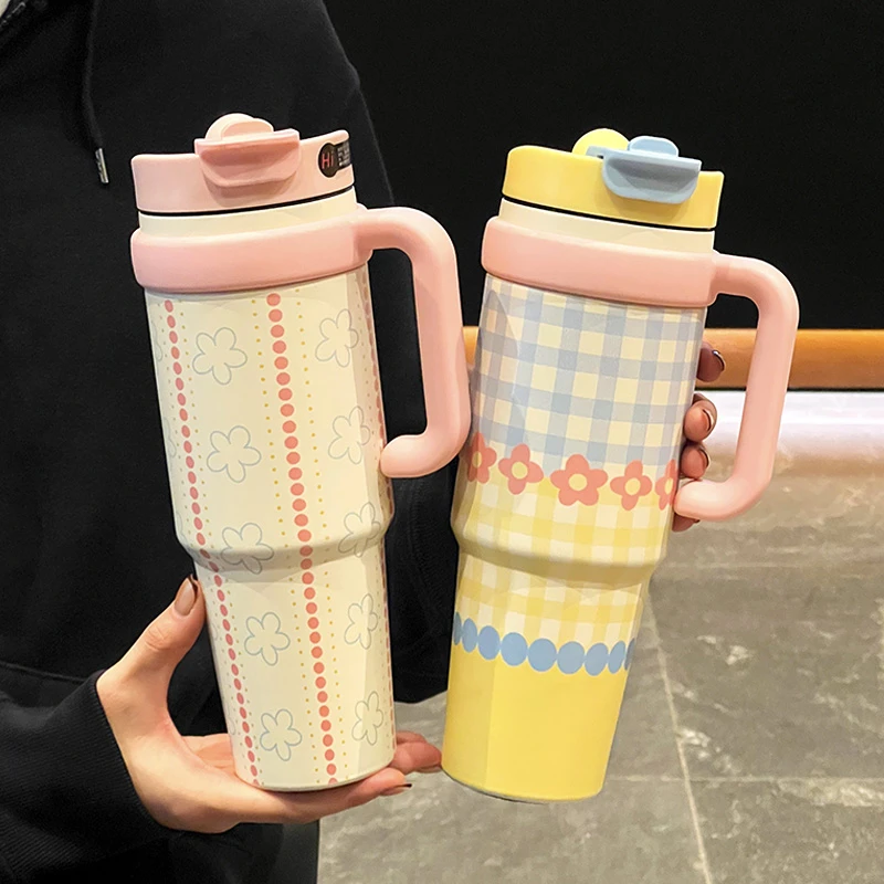 新款巨无霸保温杯1000ML车载随行双饮吸管杯