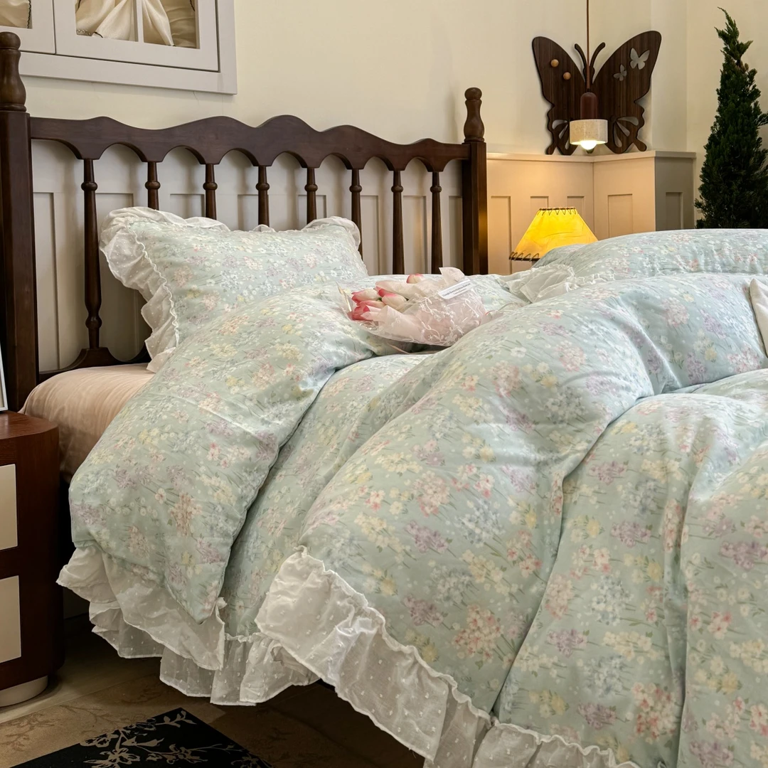 水星高端适用家纺 蓝色风信少女碎花全棉双层纱四件套花边款纯棉