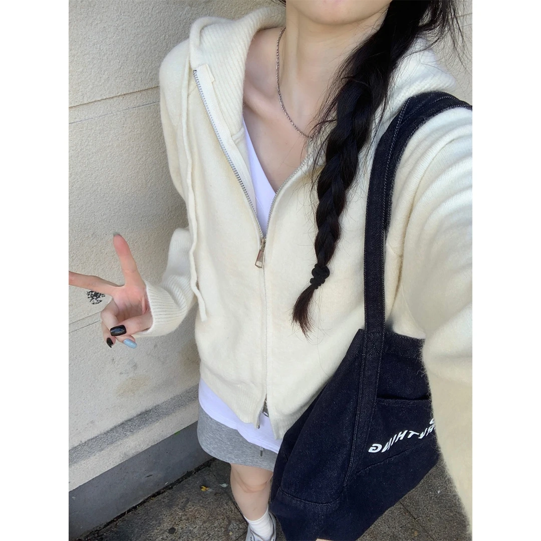 法式2025秋冬韩版连帽双拉链设计慵懒宽松针织开衫外套长袖毛衣女