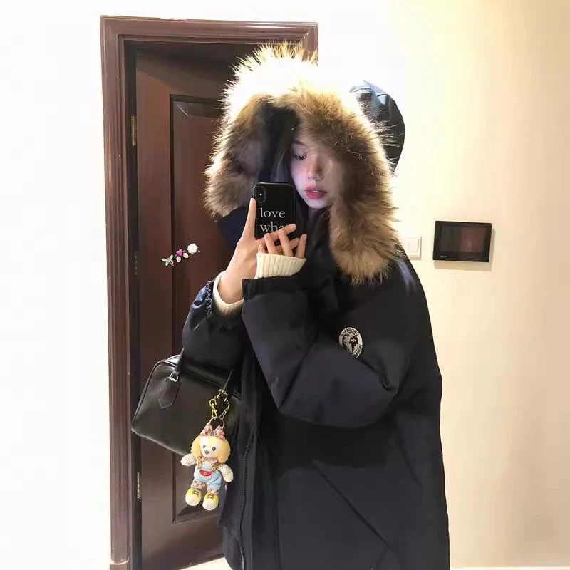 2025新款服女2025冬季新款情侣宽松派克服大毛领加厚中长版