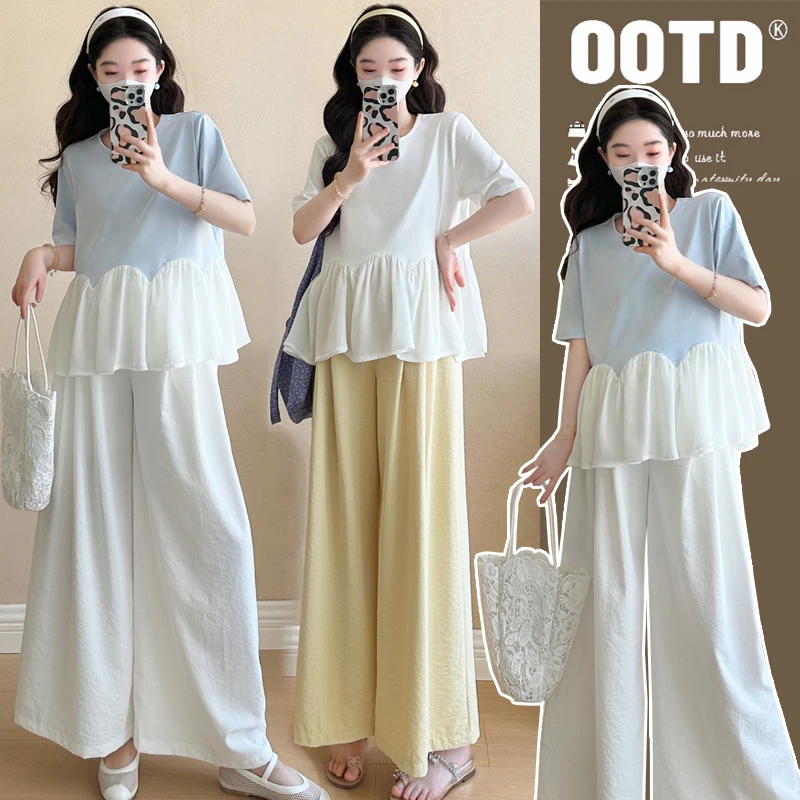 【梵兮家】孕妇装夏季韩版时尚假两件上衣+阔腿裤气质减龄两件套