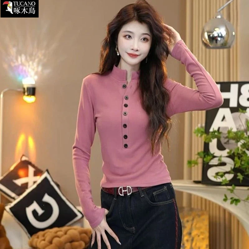 啄木鸟正品2025秋冬季半高领长袖加厚女修身T恤洋气百搭时尚上衣
