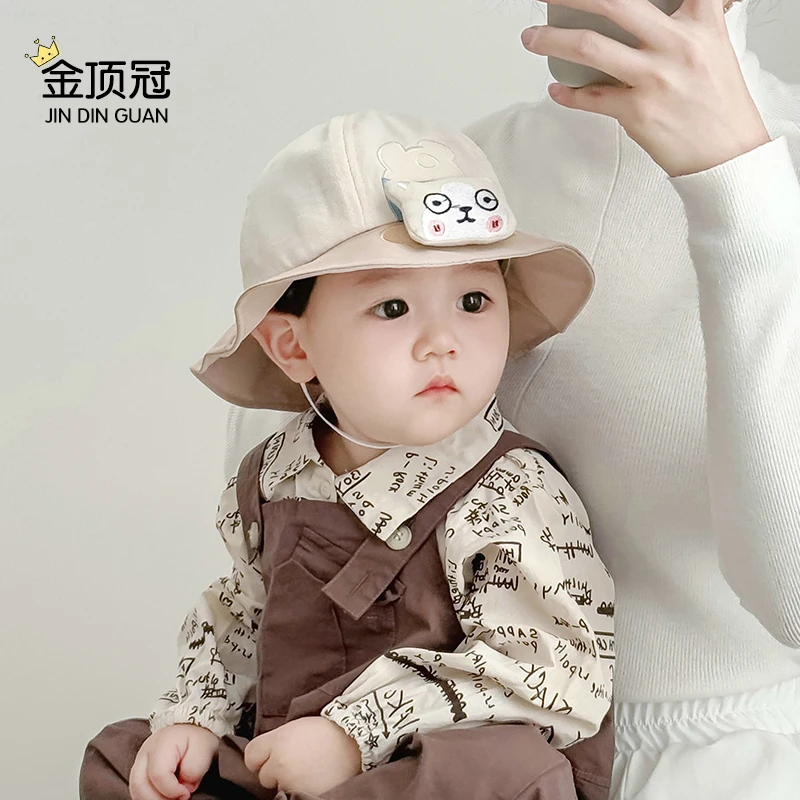 婴儿帽子春秋薄款韩版百搭小熊渔夫帽男童时尚透气宝宝防晒遮阳帽
