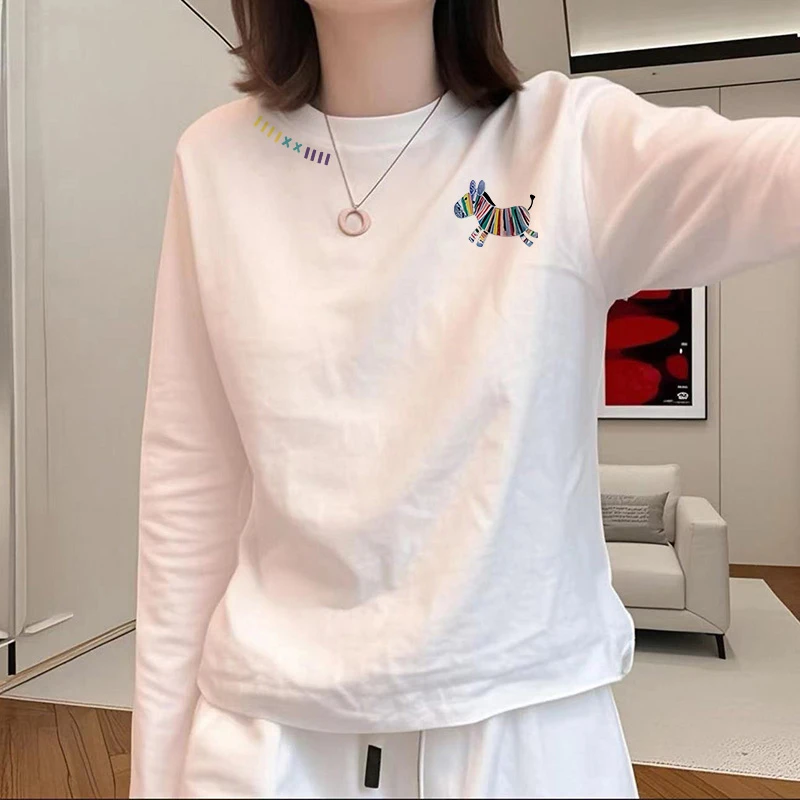 2025新款秋季白色圆领宽松长袖T恤女装别致高级感休闲打底衫上衣