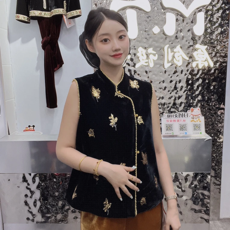 新款新中式国风重工亮片撇襟民族风丝绒马甲女