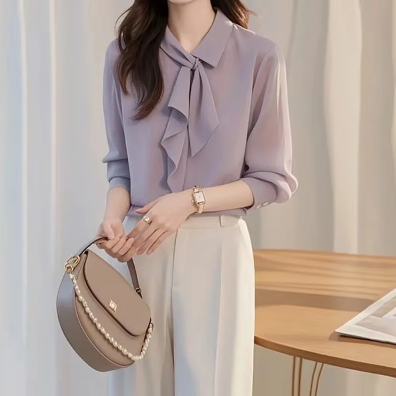 春季新款冷淡系高级感超好看韩系紫色衬衫裤子两件套职业女套装