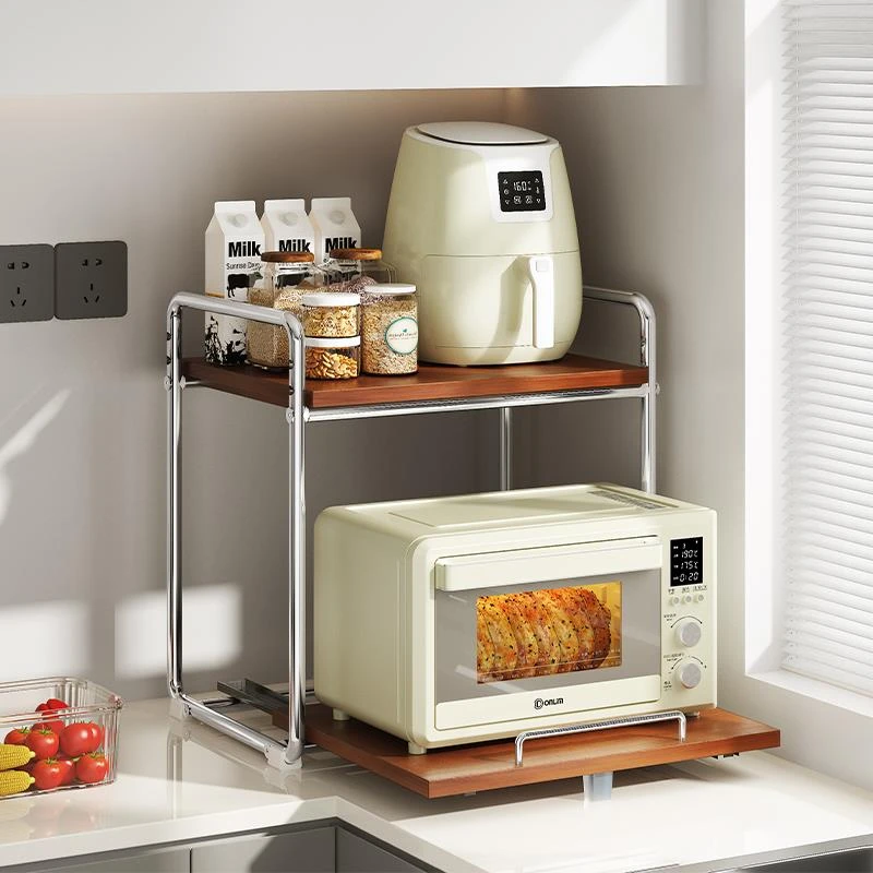 中古实木微波炉置物架厨房台面抽拉式烤箱支架多功能电饭煲锅收纳