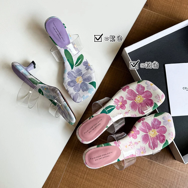 2025新款优雅气质风方头印花细跟透明一字带凉鞋拖鞋外穿