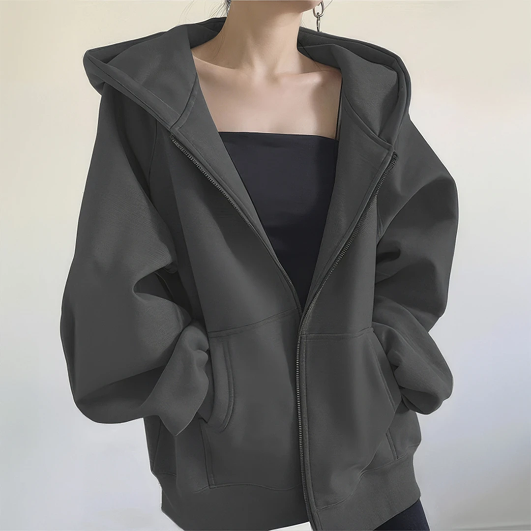 卫衣开衫外套女秋冬加绒加厚2025新款宽松连帽深灰色美式拉链上衣