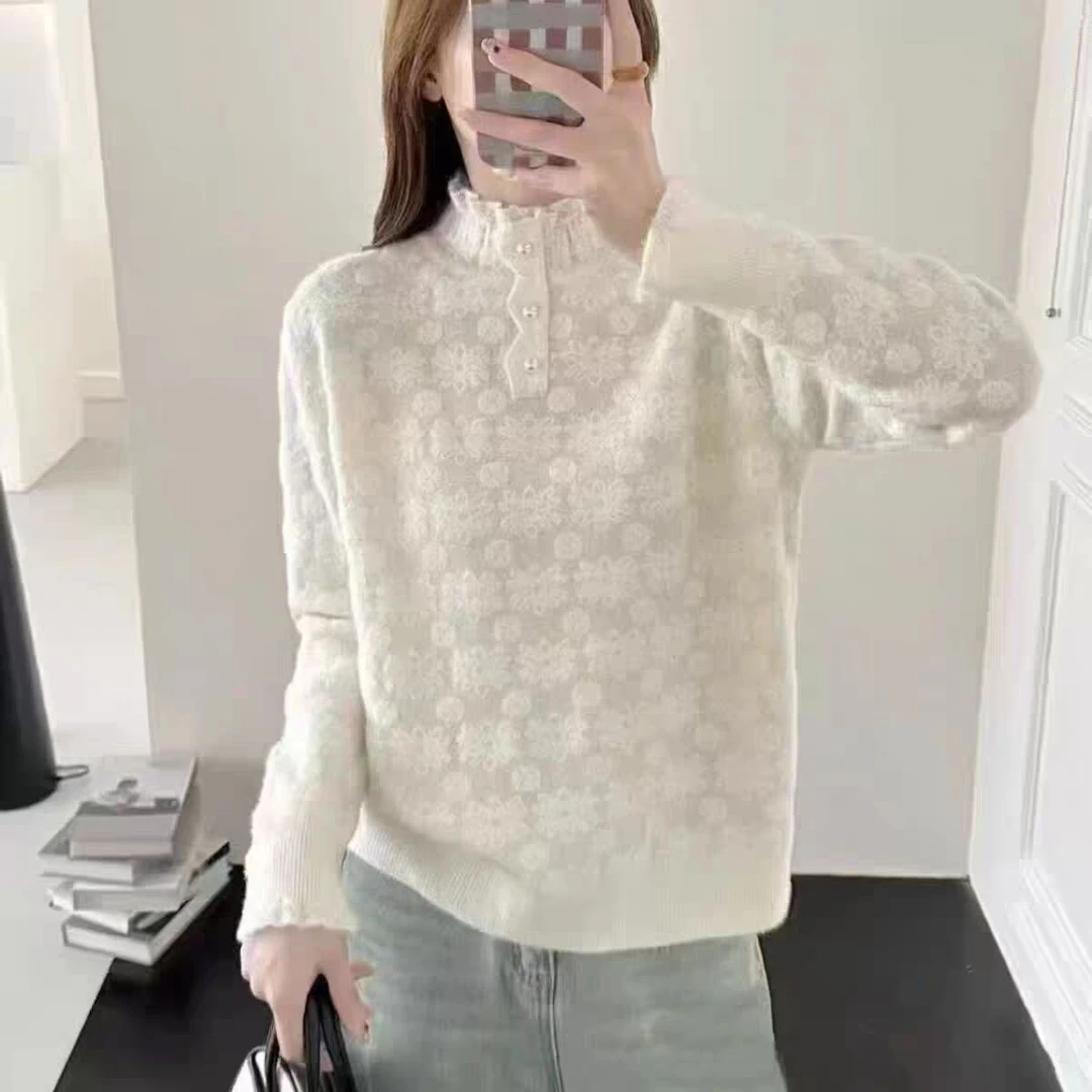 半高领提花针织打底衫女洋气减龄宽松女装上衣秋冬内搭一体绒毛衣