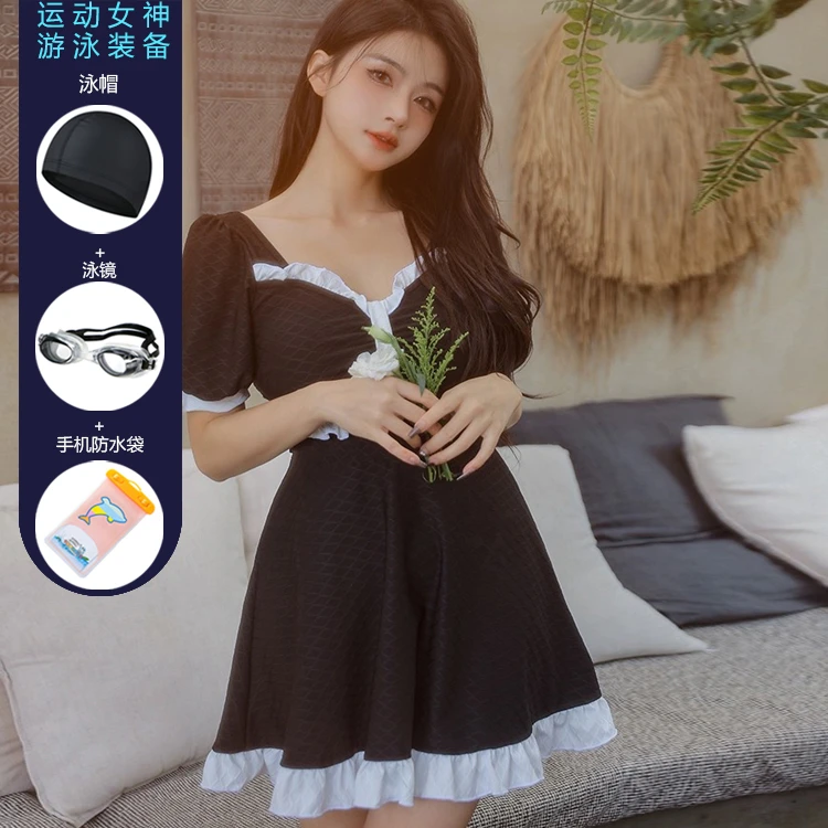 新款气质泳衣女大码连体裙式遮肚大胸保守遮肉黑色显瘦少女泳装