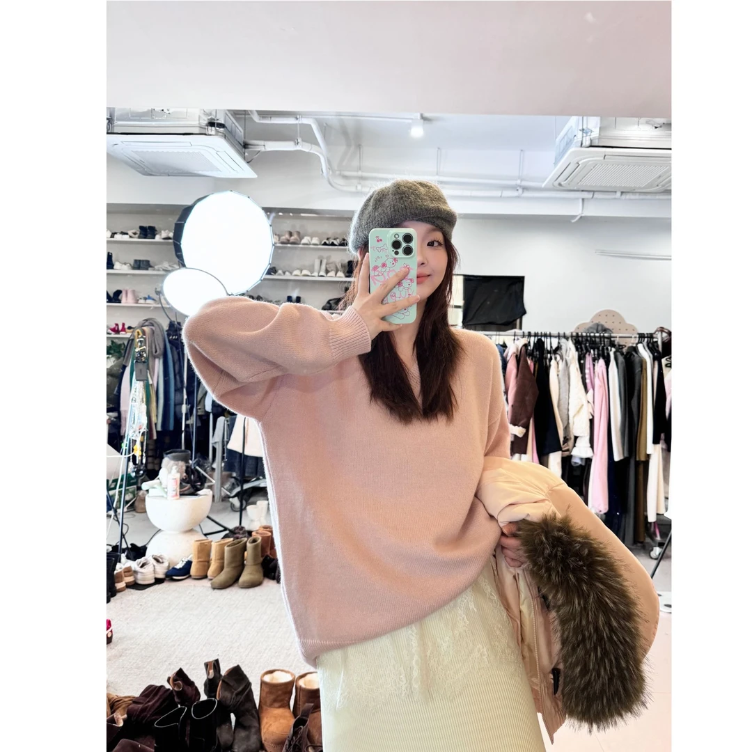 晶咕【捕捉力！】韩系V领纯色宽松软糯百搭长袖套头针织毛衣